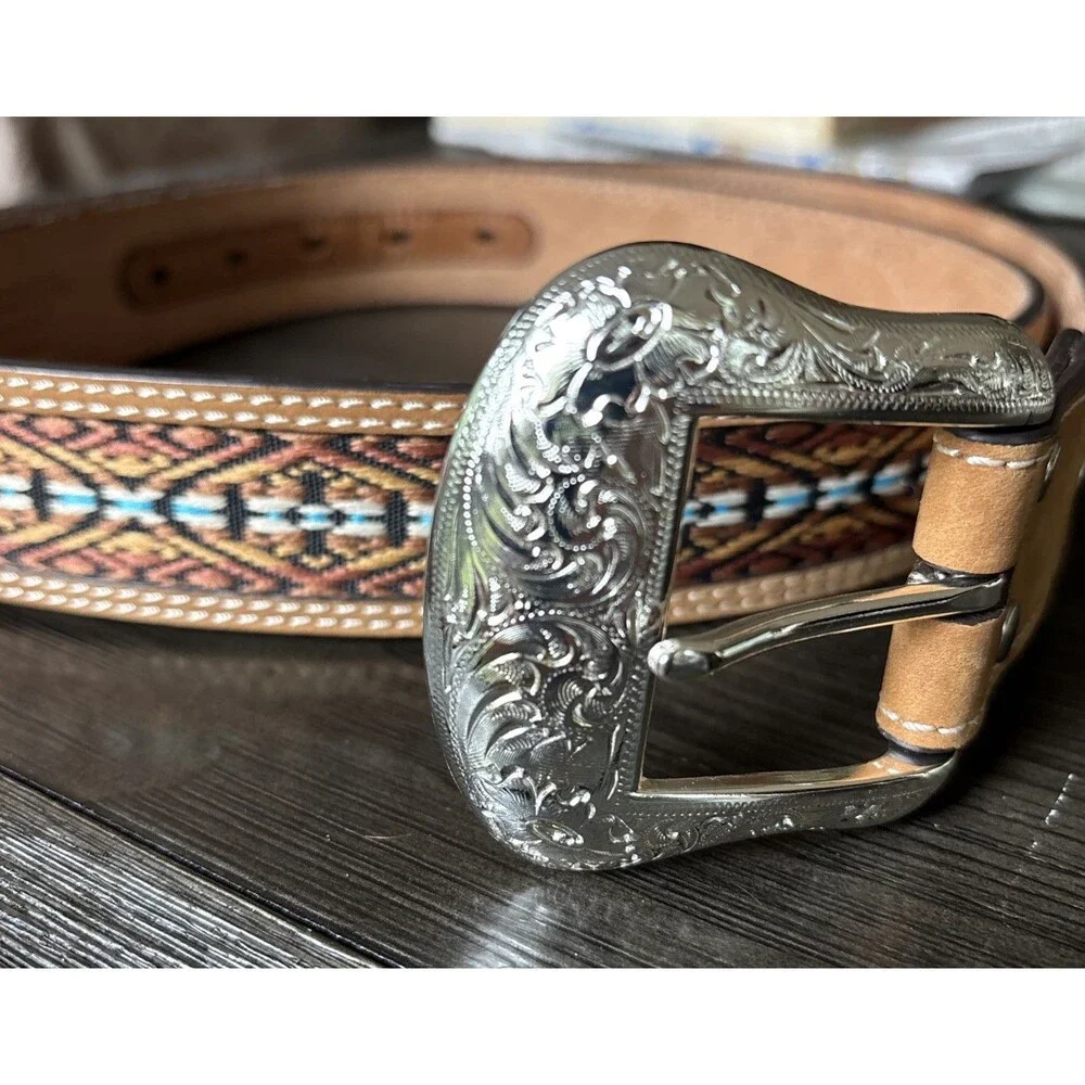 Nocona Leather Belt Men 42 Brown Turquoise Blue Embroidered Overlay N2474844